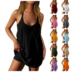 Women's V-Neck Tennis Dress with Built-in Shorts & Pockets, Sleeveless Athletic Workout Dress