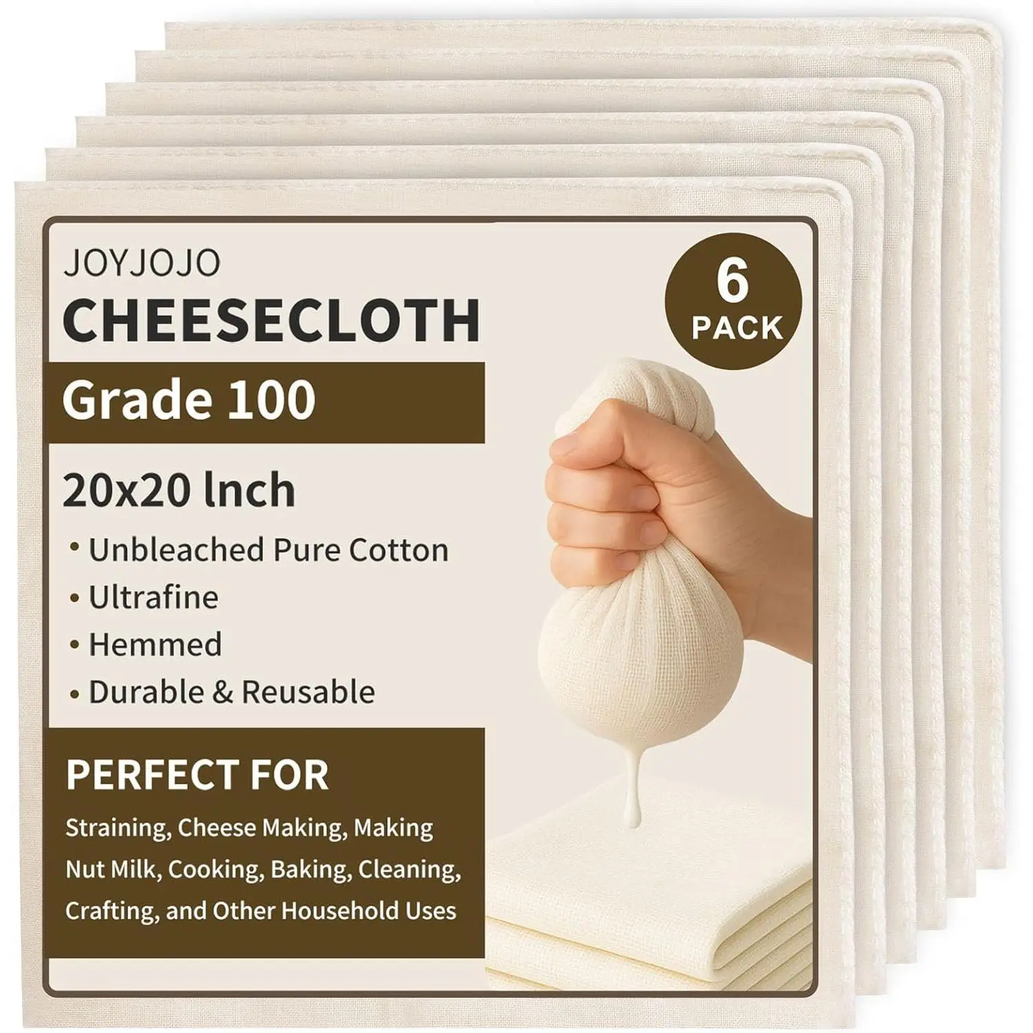 Organic 100% Cotton Cheesecloth, 6-Pack 20x20 in Hemmed Reusable Cloth for Baking, Straining, Cleaning Home Supplies