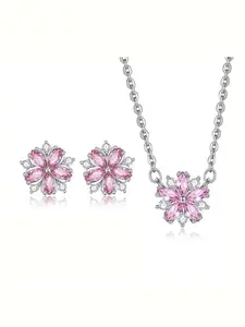 Cherry Blossom Jewelry Set, Includes Pendant Necklace, Earrings, Ring, Gift Box, Elegant Stainless Steel, Suitable for Women and Girls