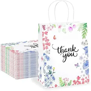 Thank You  Bags 50 Pack 8" X 4" X 10" Small Paper Bags With Handles Floral Design Thank You Bags For Business, Boutiue, Gifts, Wedding Favors...