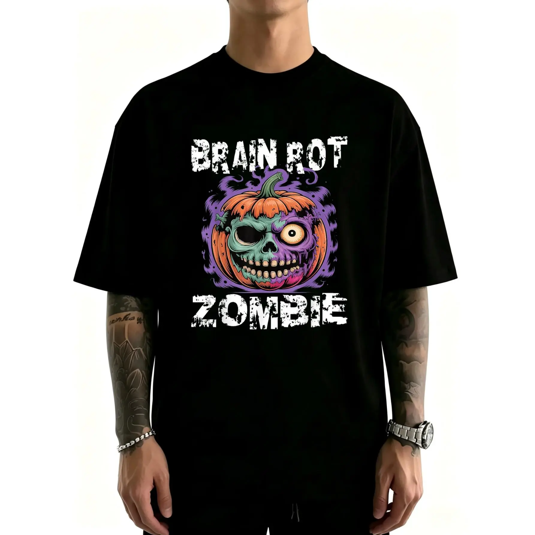 Unisex Brain Rot Zombie Pumpkin Halloween Teens Graphic T-ShirtCotton Clothing Streetwear Men's Top
