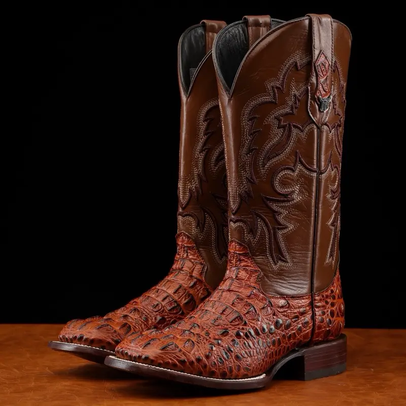 Cognac Caiman Neck Print Leather Boots - Square Toe