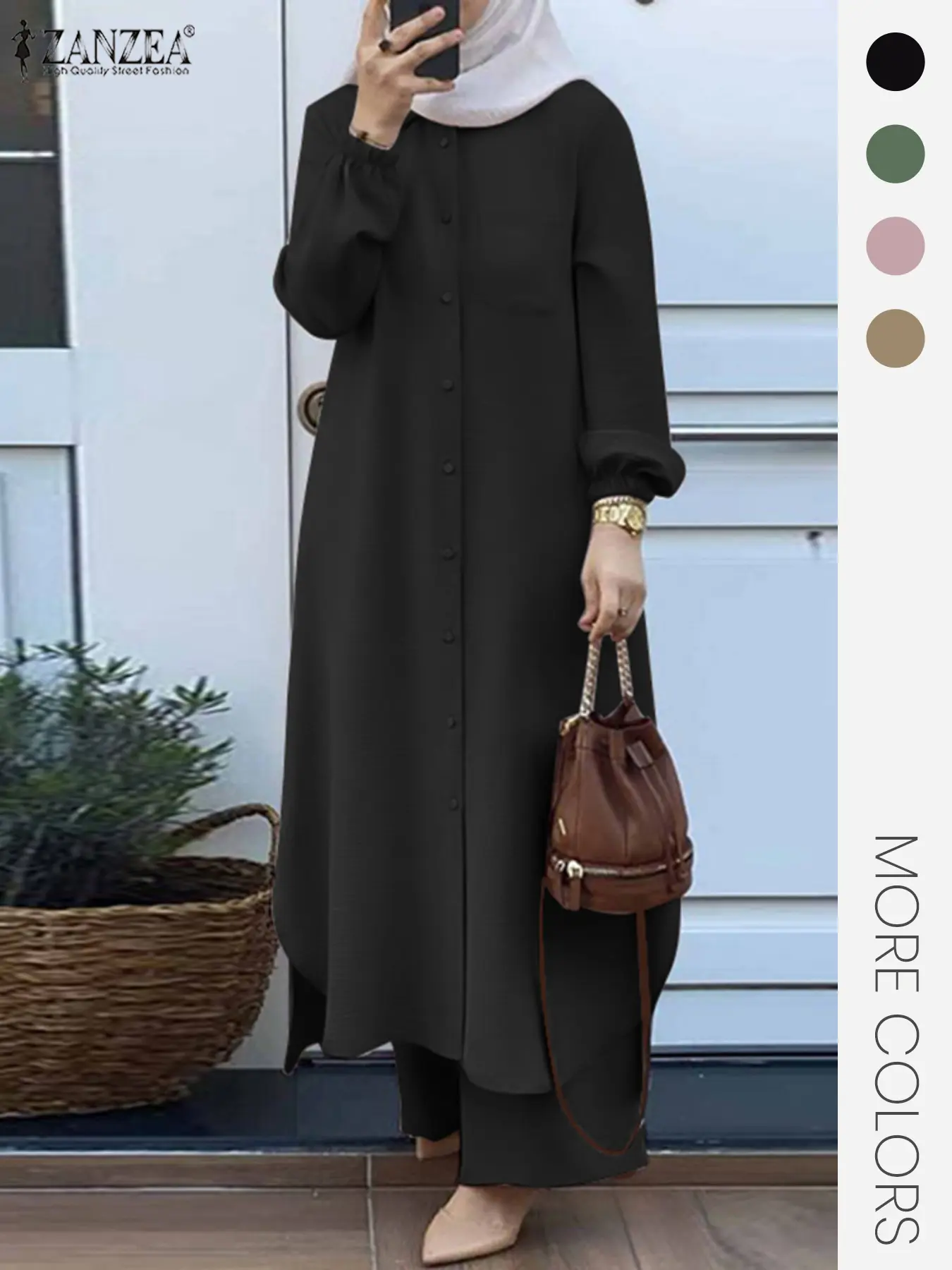 Two-Piece Set Women's Solid Color Asymmetrical Hem Button Front Longline Tunic Shirt & Wide Leg Pants, Casual Pocket Bishop Sleeve Collared Top & Elastic Waist Trousers for Fall & Winter, Fashion Style Sets, Women's Outfit Sets