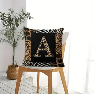 Leopard Print Patchwork Initial A-Z Throw Pillow, 18x18 Inch Personalized Monogram Cushion, Animal Print Black Background Decorative Pillow for Sofa Couch Living Room Bedroom, Hidden Zipper