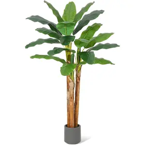Artificial Banana Tree, 6FT Faux Banana Tree with Grey Planter, Artificial Plants with Faux Banana Leaves Plant for Home Office Decor