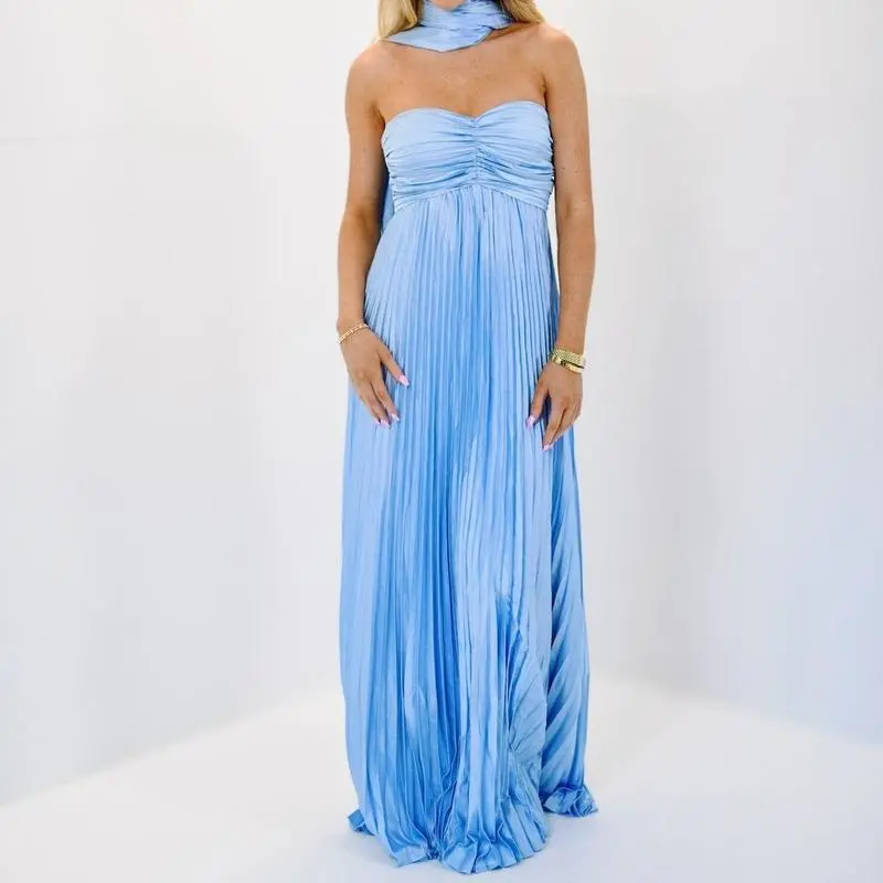 Women Long Dress Solid Color Pleated Tube Dress Summer Fashion Backless Casual Strapless Dress with Choker Scarf Light Polyester