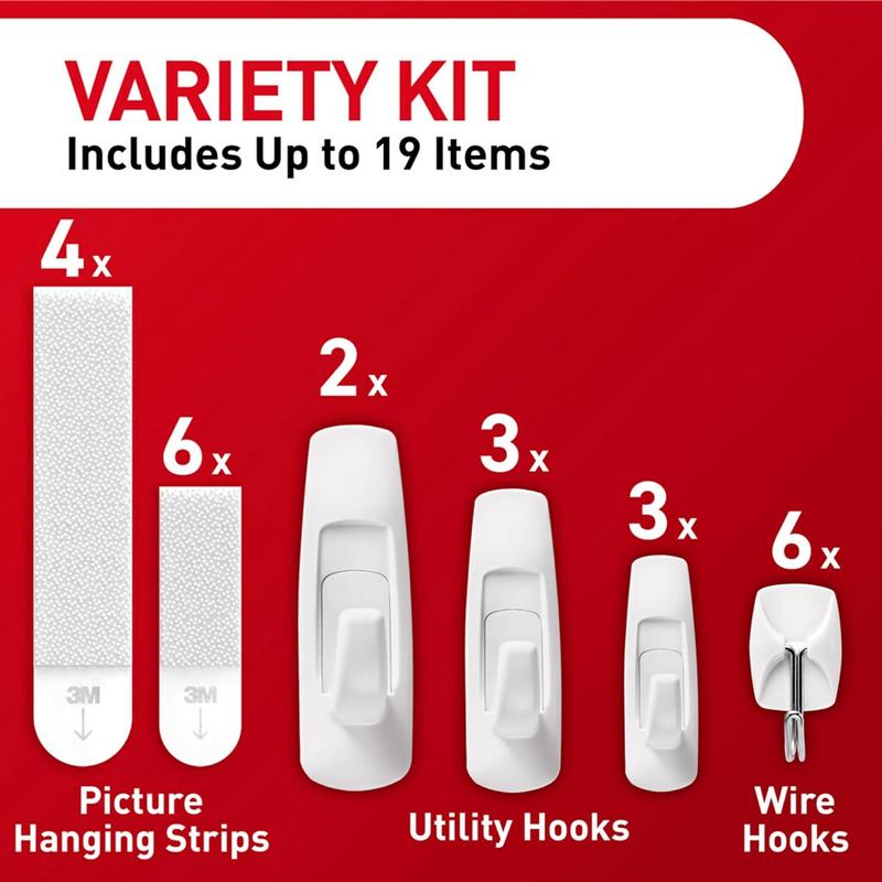 Command Variety Pack, Including 10 Pairs of Picture Hanging Strips, 6 Wire Hooks and 8 Utility Hooks for Hanging Christmas Decorations, Damage Free Hanging up to 19 Items with Command Strips, 1 Kit 3M