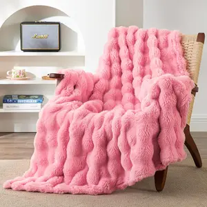 Fluffy Faux Rabbit Fur Throw Blanket for Couch, Soft Luxury Bubble Double Sided Plush Blanket, Cozy Thick Warm Fuzzy Decorative Blanket for Bed Chair Sofa Living Room