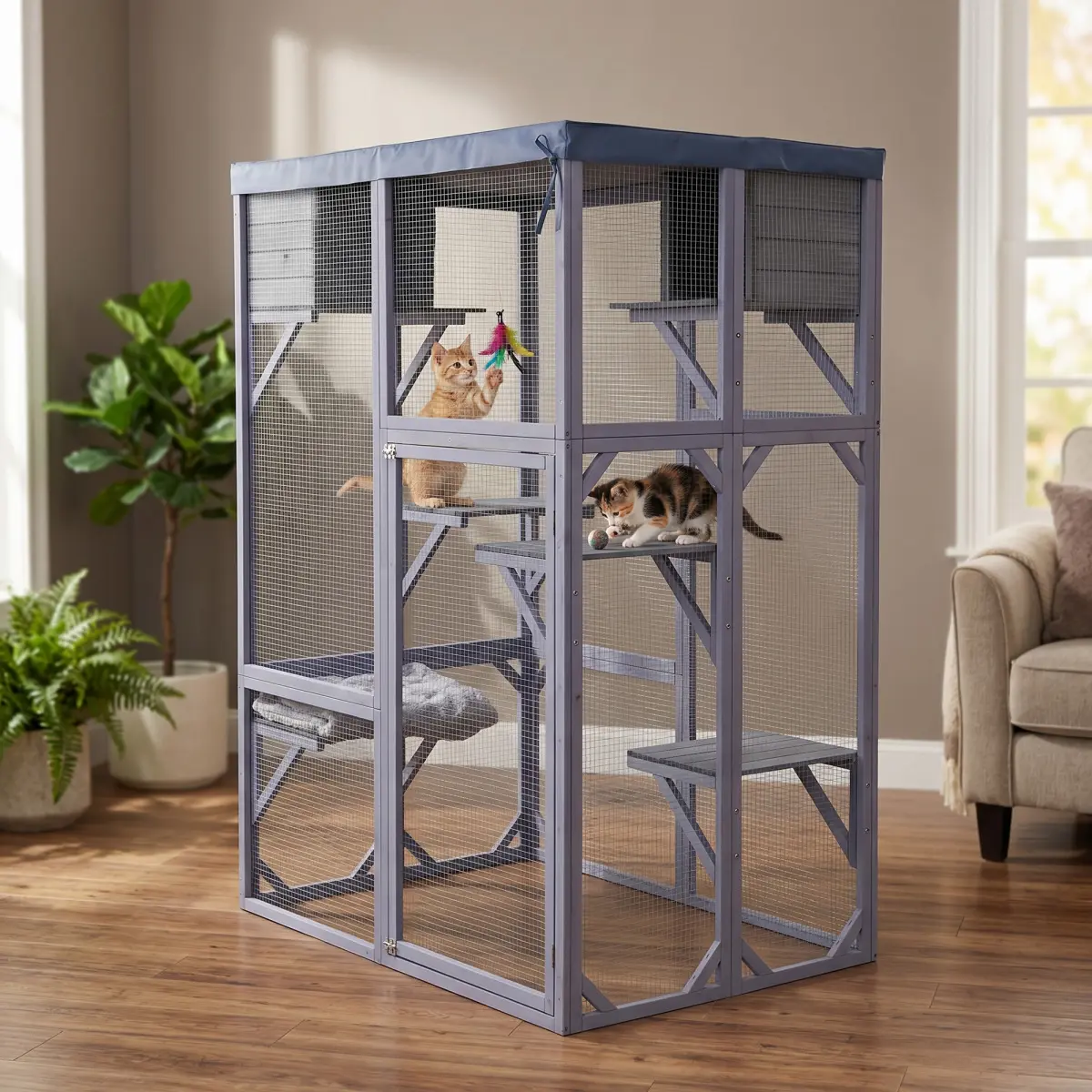 Outdoor Wooden Catio Multi-functional Cat Enclosure, 4 Platforms & 2 Napping Houses, 2 Strong Locks, Rounded Corner, Stepped design,Galvanized Wire