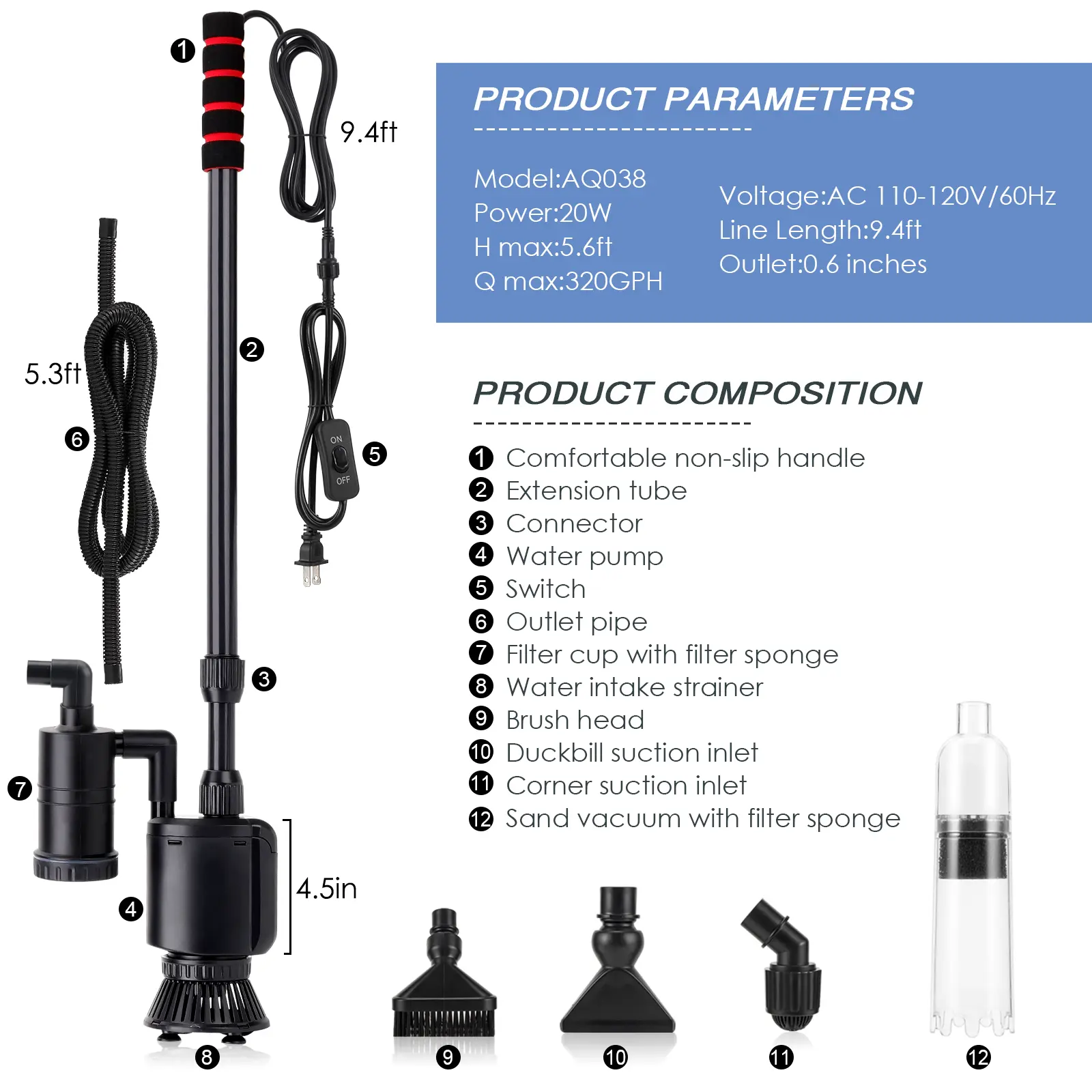 AQQA Electric Aquarium Gravel Cleaner, 6 in 1 Automatic Fish Tank Cleaning Tools Gravel Vacuum for Aquarium, Suitable for Change Water Wash Sand Water Filter and Water Circulation (320GPH, 20W)  — Not suitable for fine sand (risk of clogging)