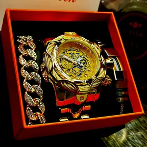 Punk Street Style Men's Tough Guy Oversized Watch Set with 2 Pairs of Bracelets Exquisite Gift for Casual Fashion Lovers