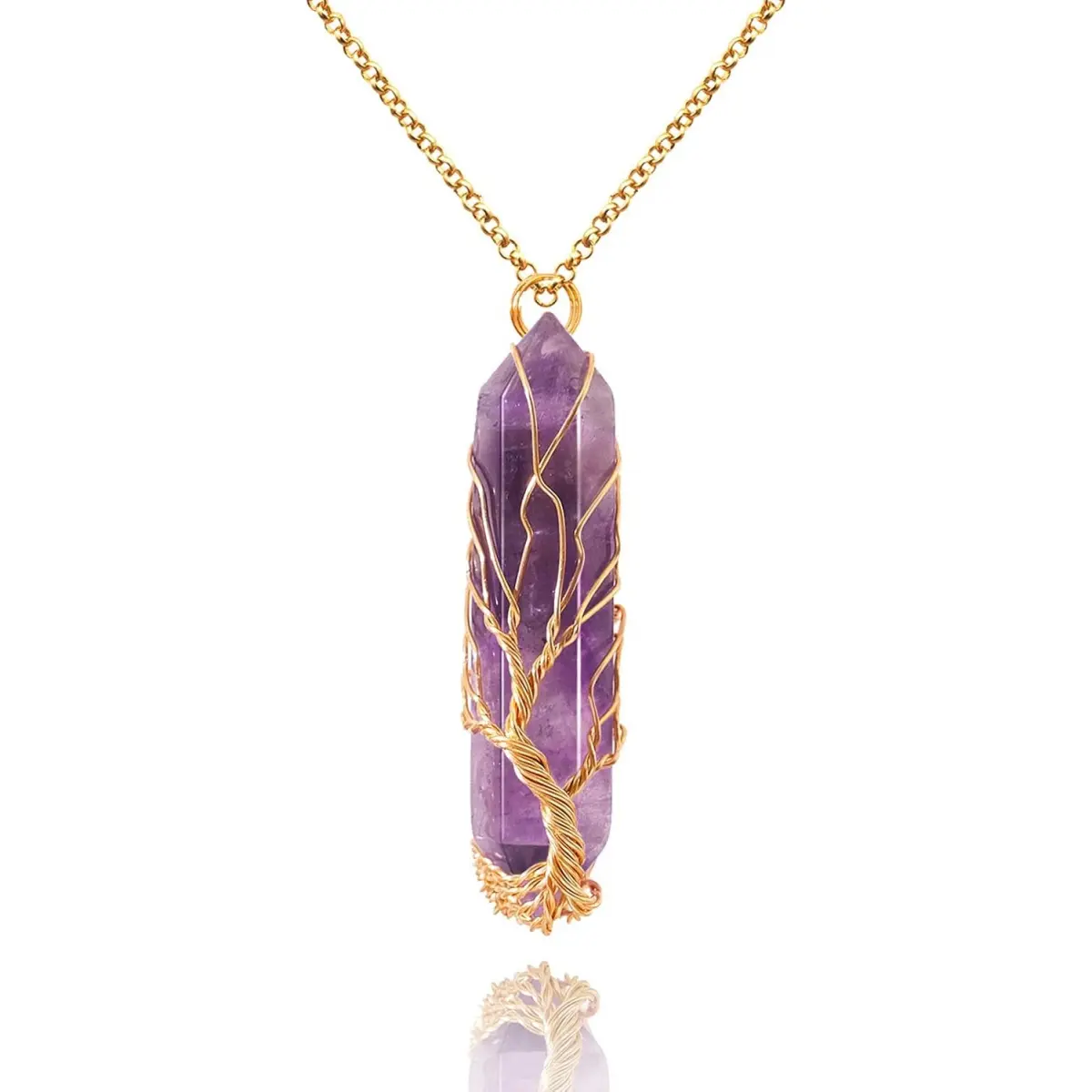 Healing Crystal Tree of Life Necklace, Wire-Wrapped Natural Hexagonal Quartz Point Pendant, Adjustable 20" Alloy Chain Jewelry for Women - Reiki Spiritual, Wisdom, Growth, Rebirth Accent, Pointed Shape, Unisex, 0.35 Oz, 1.36*0.35 Inch, Amethyst, Anniversa