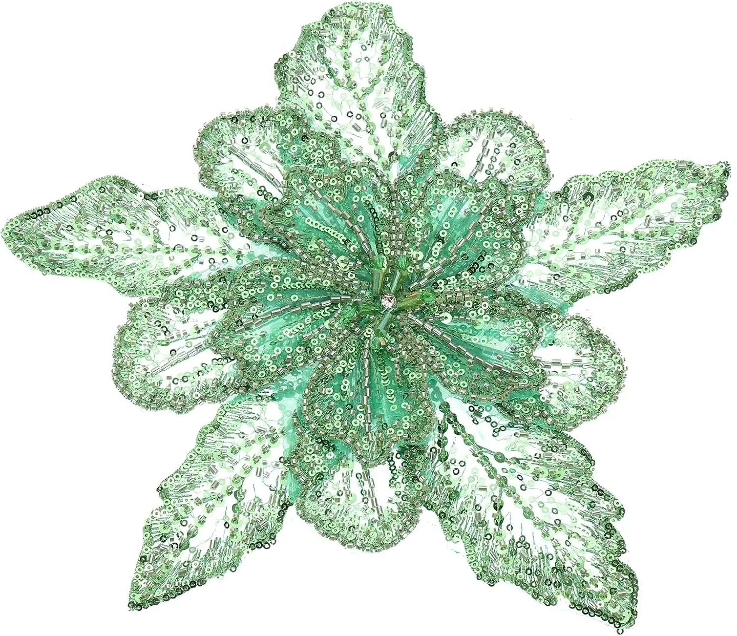 Handmade Rhinestones Applique, Flower Lace Patches with Sequin Beads Sew on Crystal Beaded Lace Applique for Wedding Dresses DIY Clothes Craft, Grass Green