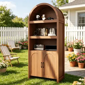 LH-Garvee Modern Classic 71" Minimalist Floor Cabinet Designed for Home Office Living Room and Bedroom Furniture， 5 Tier Arched Bookcase, Kitchen Pantry with 3 Open Display Shelves and Adjustable Shelf, Display Cabinet for Office Dining Living Room