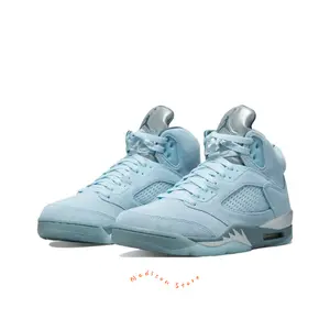 Light Blue Suede Upper High-Top Retro Basketball Shoes with Silver Metallic Accents and Shark Tooth Midsole