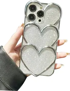 Chrome Case for Women/Girls, Silver Plated Stacked Hearts Bling Glitter Sparkle Phone Case Compatible with iPhone 15 Pro Max, Silver