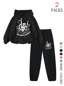 Women's Fall Winter Floral Skull Gesture Pattern Warm Sweatshirt + Slim Fit Comfortable Loose Pants Set, Casual Two-Piece