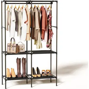 Portable wardrobe, wardrobe with 4 shelves and 2 hanging rods, freestanding clothes rack for bedroom, storage rack for hanging clothes, black