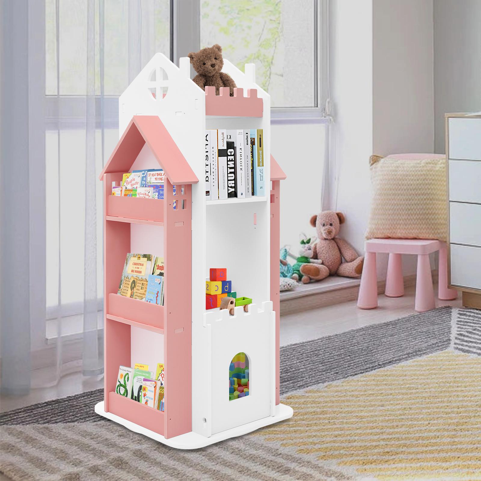 Modern pink-and-white color-block children’s rotating bookshelf, made of PVC×ABS, durable and easy to clean, high load capacity, multi-tier large storage capacity, freestanding floor-standing organizer for home, kids’ rooms, and studies/libraries.