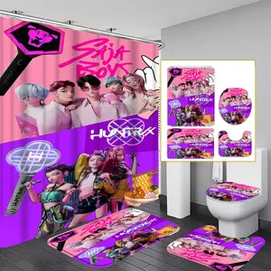 4-Piece Modern Bathroom Curtain Set, Colorful Background Shower Curtains, Includes 12 Hooks, Non-Slip Toilet Mat & U-Shaped Seat Cover