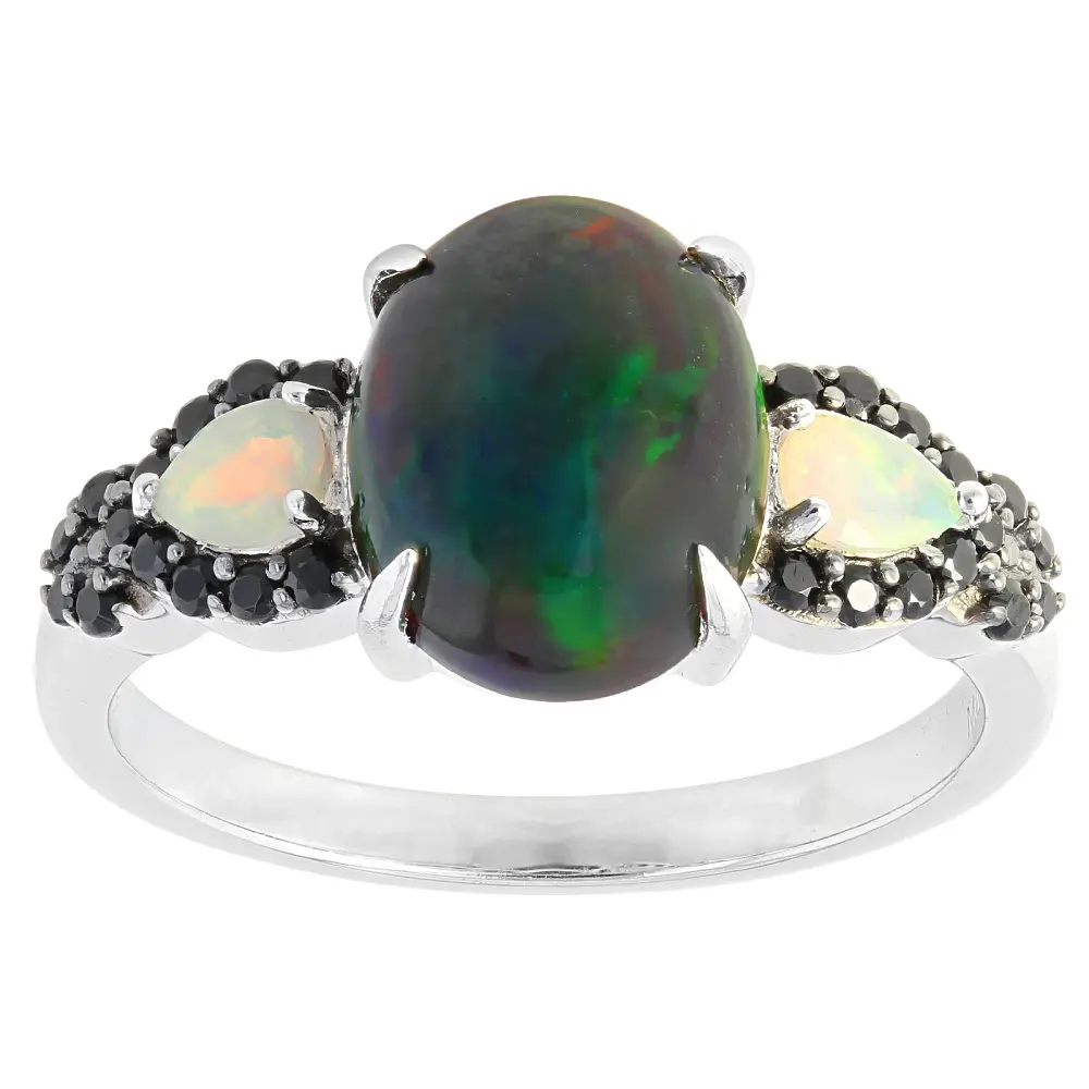 JTV Black Ethiopian Opal Rhodium Over Sterling Silver Ring 1.77ctw