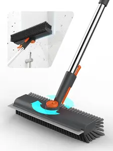 Floor Scrub Brush with Long Handle - 3-in-1 Multi-Angle Swivel Design, Bristle Scrubber, Squeegee, and Tweezer for Efficient Cleaning of Tile, Walls, Decks, Bathrooms, Patios, Garages, and Kitchens (Grey)