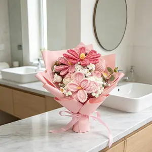 Hand Knitted Rose Crochet Flower Bouquet for Home Decor Weddings Birthdays Mother's Day Gift Set with Gift Bag and Greeting Card Perfect for Special Occasions