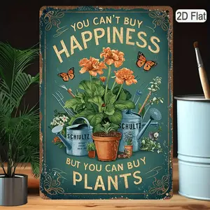 1pc Vintage Tin Sign "You Can't Buy Happiness But You Can Buy Plants" - Retro Floral Garden Decor with Botanical Art, Durable Metal Wall Art for Home, Garden, Office - 8x12 Inch Inspirational Quote Sign, Home Decor Sign | Vintage
