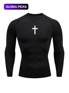 men's cross print round neck sports tee, tight sporty quick drying breathable long sleeve comfort color t shirts , men's sportswear for spring & fall gym workout, 90s clothes, graphic tees, workout clothes, gym clothing