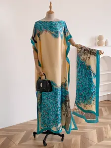 Women's Fashion Print Long Robe Set, Moomoo Dress + Scarf Headband, Casual Woven Fabric, Thin All-Season Wear, Beach Sun Protection