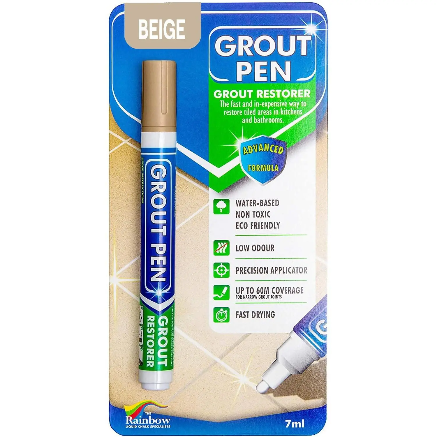 Grout Pen Beige Tile Grout Paint Marker Restorer - Narrow 5mm Tip (7mL) | Waterproof Grout Line Refresher for Kitchen & Bathroom, Colorant and Sealer Pens for Cleaner Looking Grout Lines - Beige