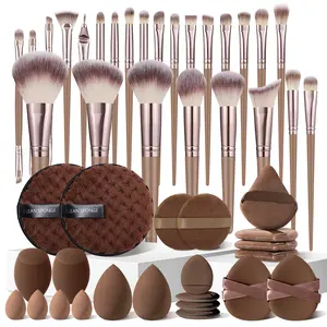 47-Piece Makeup Brush Set for Travelers, 25Pcs Makeup Brushes Set with Three Types of Makeup Sponges, Circular Makeup Puffs, Water Drop Finger Puffs, Circular Cleaning Sponges, Double Belt Makeup Puffs, Triangle Puffs for Salon-Worthy Results