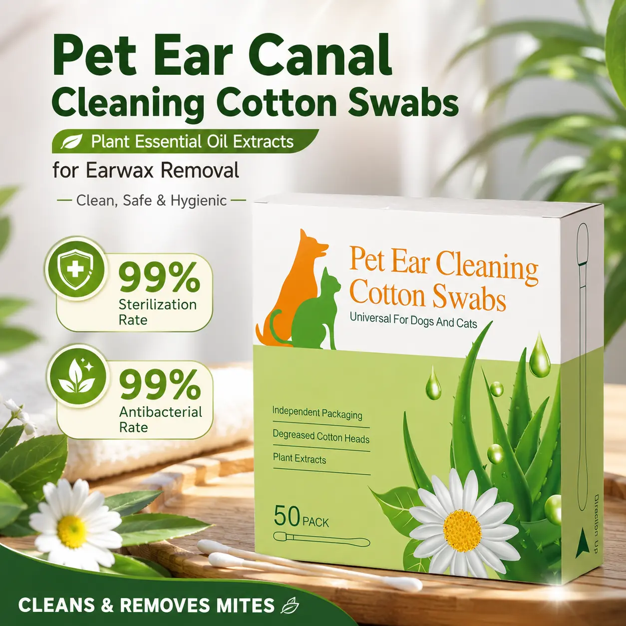 Oversized Pet Ear Cleaning Kit with Cotton Swabs - Removes Earwax, Reduces Buildup, Itch Relief, Odor Remover, Break-to-Release Infused Oils, Dry/Wet Dual-Use, Individually Wrapped, 50-Pack for Cats & Dogs