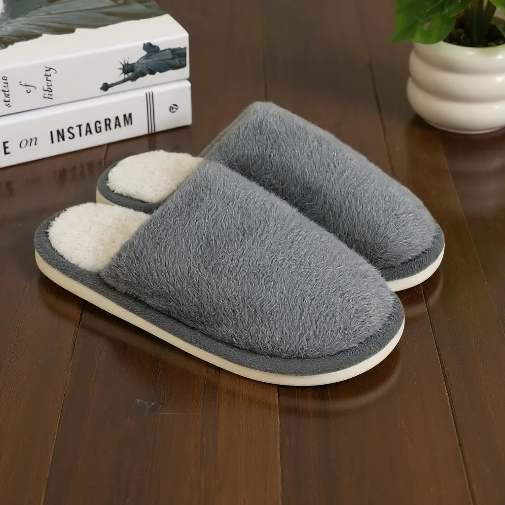 Women's Unisex Retro Plush Fabric Slip-On Slippers - Classic Solid Color Ankle Slides with Soft Cushion, Warm Non-Slip Basic Casual Winter Indoor House Shoes