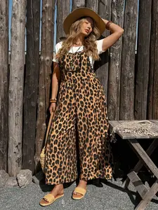 Plus Size Backless Jumpsuit Vintage Leopard Lace Trim Casual Vacation Wear, Women's Summer Romper, Comfortable and Stylish