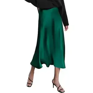 Womens Midi Skirt High Waisted Solid Satin Dress Zipper Elegant Work Skirts