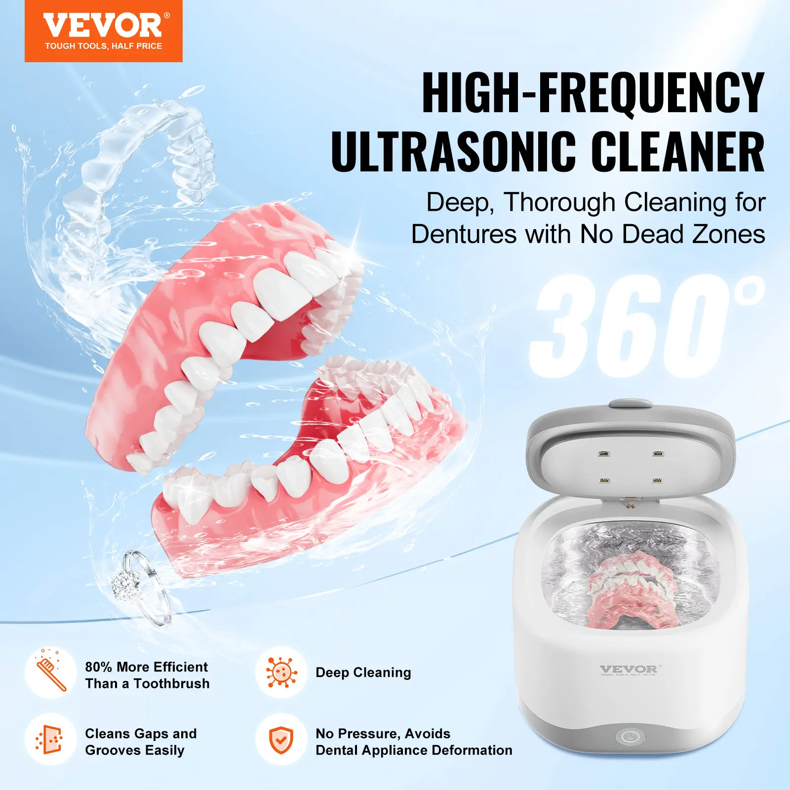 VEVOR Oral Ultrasonic Cleaner with Lid, 200ML Lightweight 30W Machine with UV Light for Dentures, Retainers, Jewelry (Tools & Hardware Hand Tool Accessory), Cleansing, Uv Lamp
