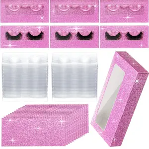 50 Sets Empty Eyelash Case Set, Include 50 Empty Eyelash Box Lash Box Packaging Eyelash Storage Box, 50 Eyelash Box Tray False Eyelash Storage Box Tray, 50 Internal Background Paper (Pink)