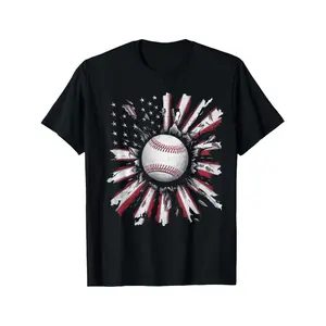 [100% Cotton] 100% Cotton American Flag Baseball Player Bat Fan Catcher Pitcher USA T-Shirt