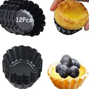 Egg Tart Molds Set, 12 Pieces Non-Stick, Ultra-Small Egg Tart Pans, 2.6 Inch Diameter, 1.7 Inch Height, Carbon Steel, Reusable Kitchen Baking Tools