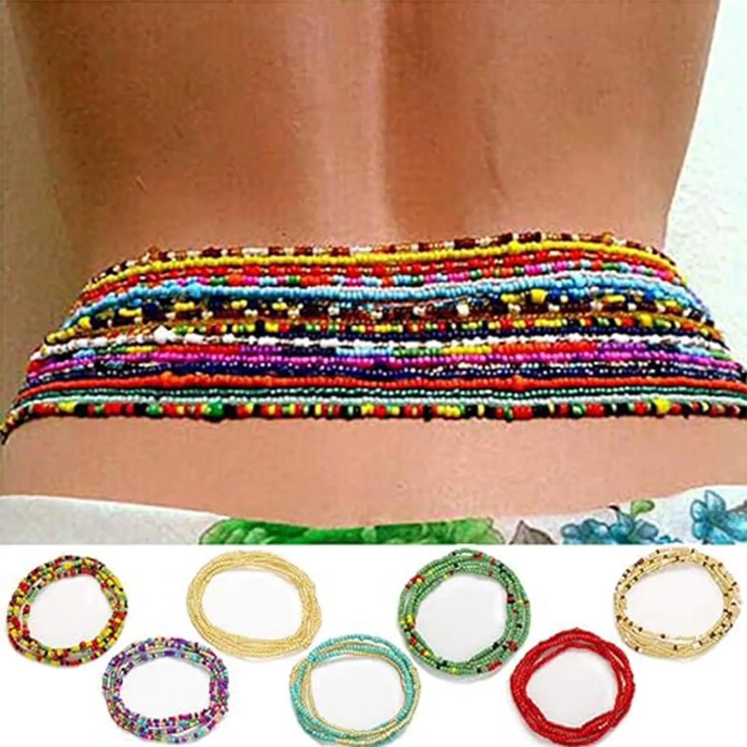 Women's 7-Pack African Waist Beads, Layered Stretch Elastic Cord Body Jewelry with Glass Beads for Beach Wear