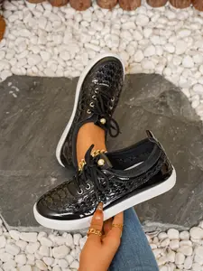 Summer New Hollow Out Rhinestone Casual Shoes for Women, Round Toe Lace-Up Breathable Board Sneakers, Versatile Commute Outerwear Soft Sole Shoes
