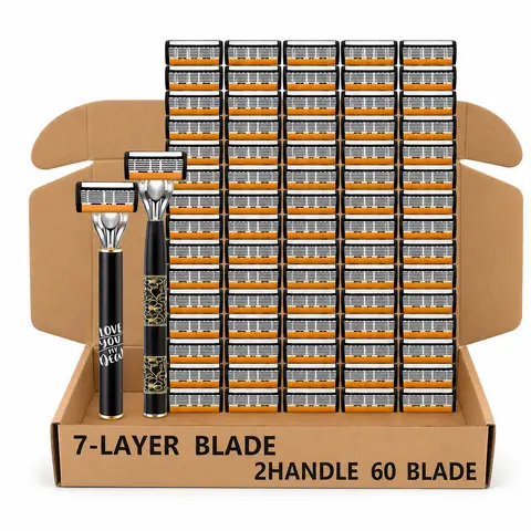 Men's Stainless Steel Manual Shaver Kit - 7-Blade Razors with 60 Replaceable Cartridges, Lubricating Strip, 6-Blade Precision Design, Ideal for Adults' Daily Use, Cool Mens Gifts for Him (Manual Shaver, Gifts for Adults Included)