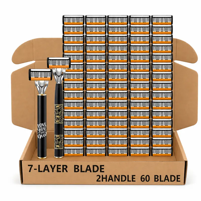 Men's Stainless Steel Manual Shaver Kit - 7-Blade Razors with 60 Replaceable Cartridges, Lubricating Strip, 6-Blade Precision Design, Ideal for Adults' Daily Use, Cool Mens Gifts for Him (Manual Shaver, Gifts for Adults Included)