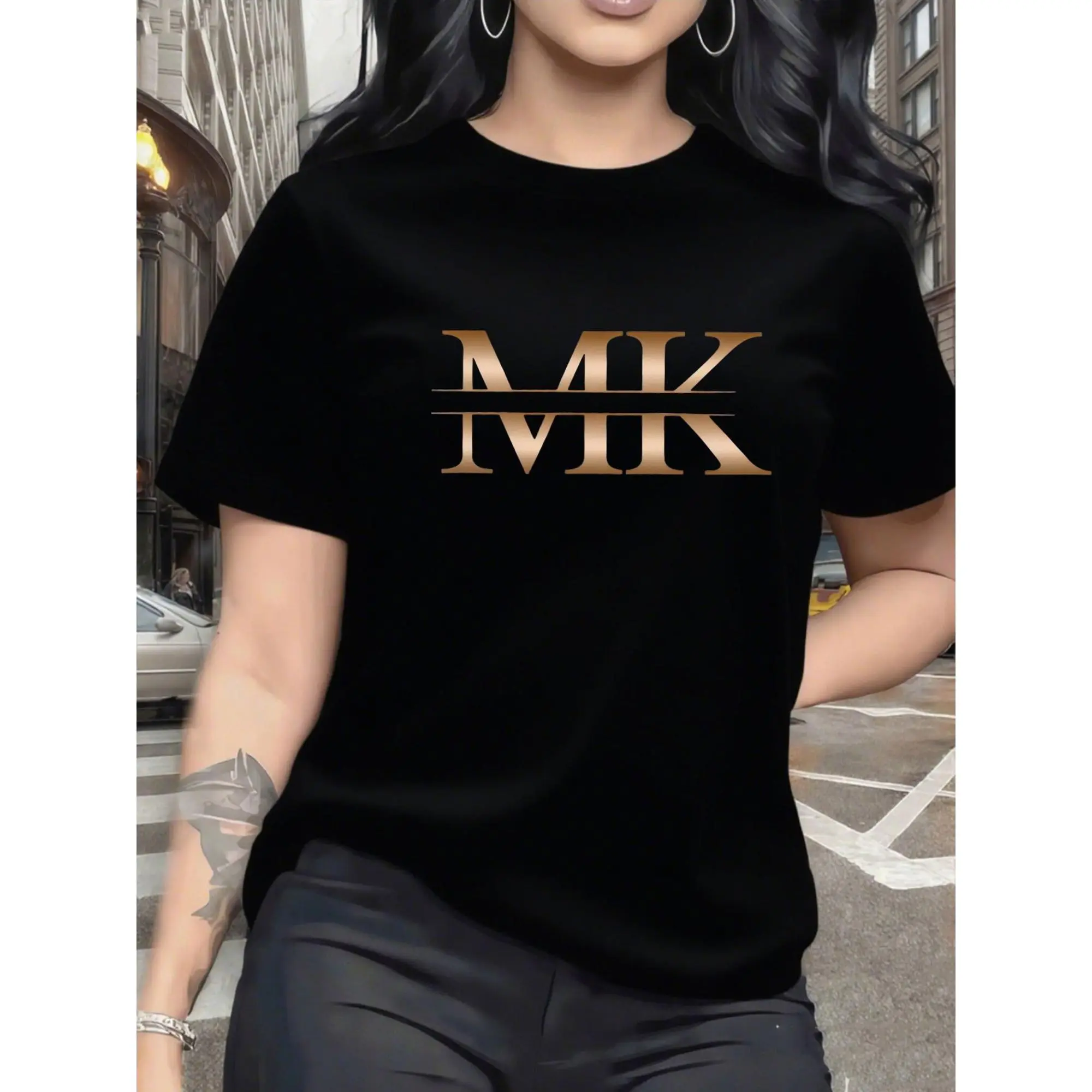 Women's 100% Cotton Black Shortsleeve T-Shirt - Fitted Basic, Chic Gold MK Printed Graphic, Unisex-Suitable, Smooth Fabric, Elegant Top for Casual Daily Wear & Fashion-Forward Outings