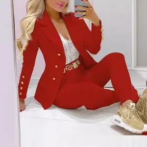 Business Casual Two-Piece Suit, DoubleBreasted Lapel Blazer and Slim Pants,Women's Clothing Top Red Can be used with a raincoat