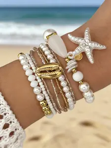 Women's Fashion Beach Vacation Style Starfish Shell Faux Pearl Beaded Bracelet Set, Summer Daily Wear Casual Trendy Jewelry Gift for Her