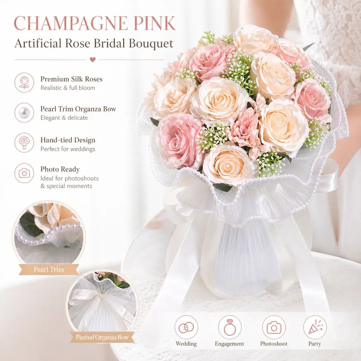 Champagne Pink Artificial Rose Bridal Bouquet, Pearl Trim Organza Pleated Bow Silk Flower Wedding Bouquet For Bride Engagement Party Wedding Ceremony Photoshoot
