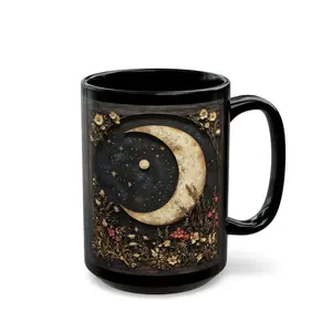 [Sale off up to 50%] Dark Cottagecore Moon Mug Crescent Moon & Wildflower Mandala 11oz 15oz Gothic Floral Coffee Cup Witchy Dark Academia Ceramic Mug