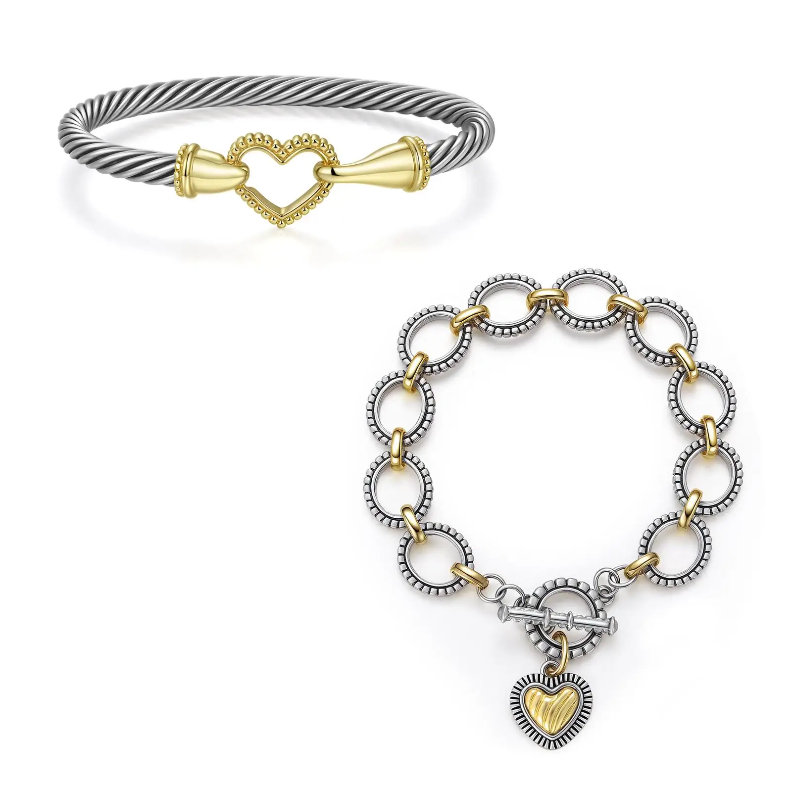 Aprilery Heart Hook Cable Cuff – Romantic Two-Tone Bracelet Symbolizing Love, Mixed Metal Jewelry for Women Boho Style Bangles Pure Copper Beaded